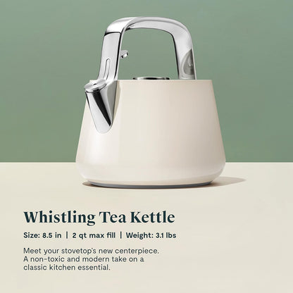 Caraway 2 Quart Whistling Tea Kettle - Durable Stainless Steel Tea Pot - Fast Boiling, Stovetop Agnostic - Non-Toxic, PTFE & PFOA Free - Includes Pot Holder - Cream