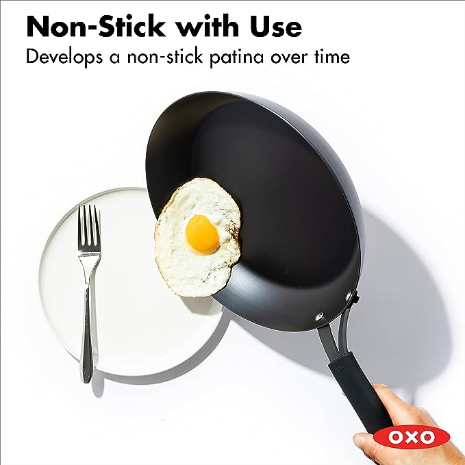 OXO Obsidian Pre-Seasoned Carbon Steel, 12" Frying Pan Skillet with Removable Silicone Handle Holder, Induction, Oven Safe, Black