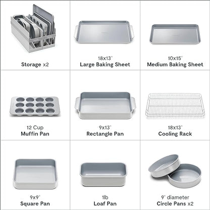 Caraway Nonstick Ceramic Bakeware Set (11 Pieces) - Baking Sheets, Assorted Baking Pans, Cooling Rack, & Storage - Aluminized Steel Body - Non Toxic, PTFE & PFOA Free - Gray