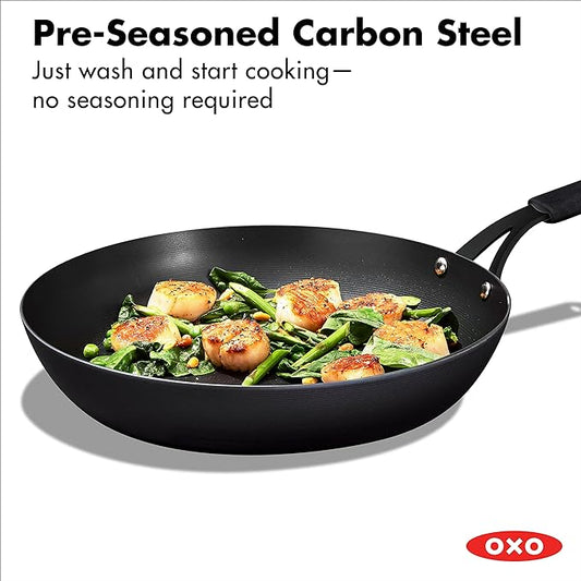 OXO Obsidian Pre-Seasoned Carbon Steel, 12" Frying Pan Skillet with Removable Silicone Handle Holder, Induction, Oven Safe, Black