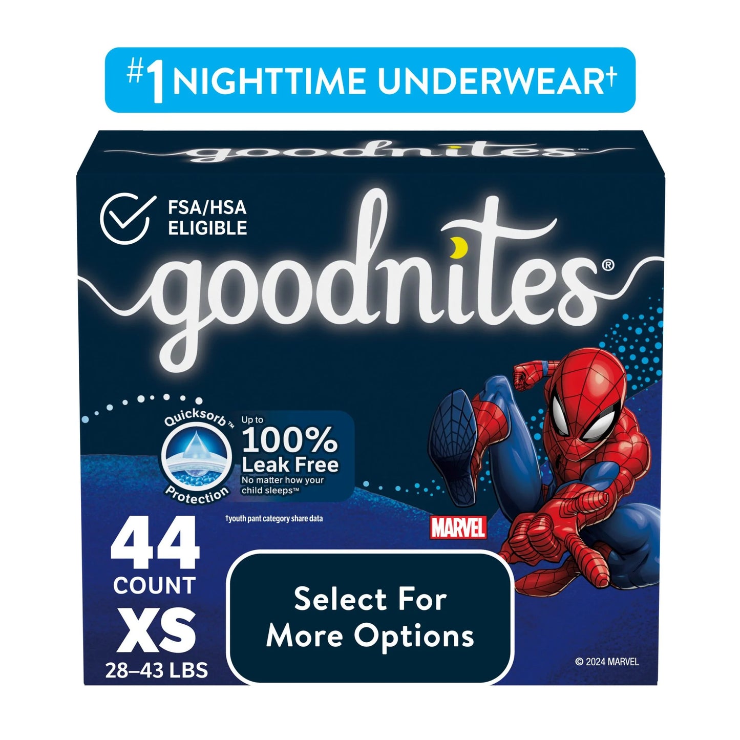 Goodnites XS 44 count spiderman