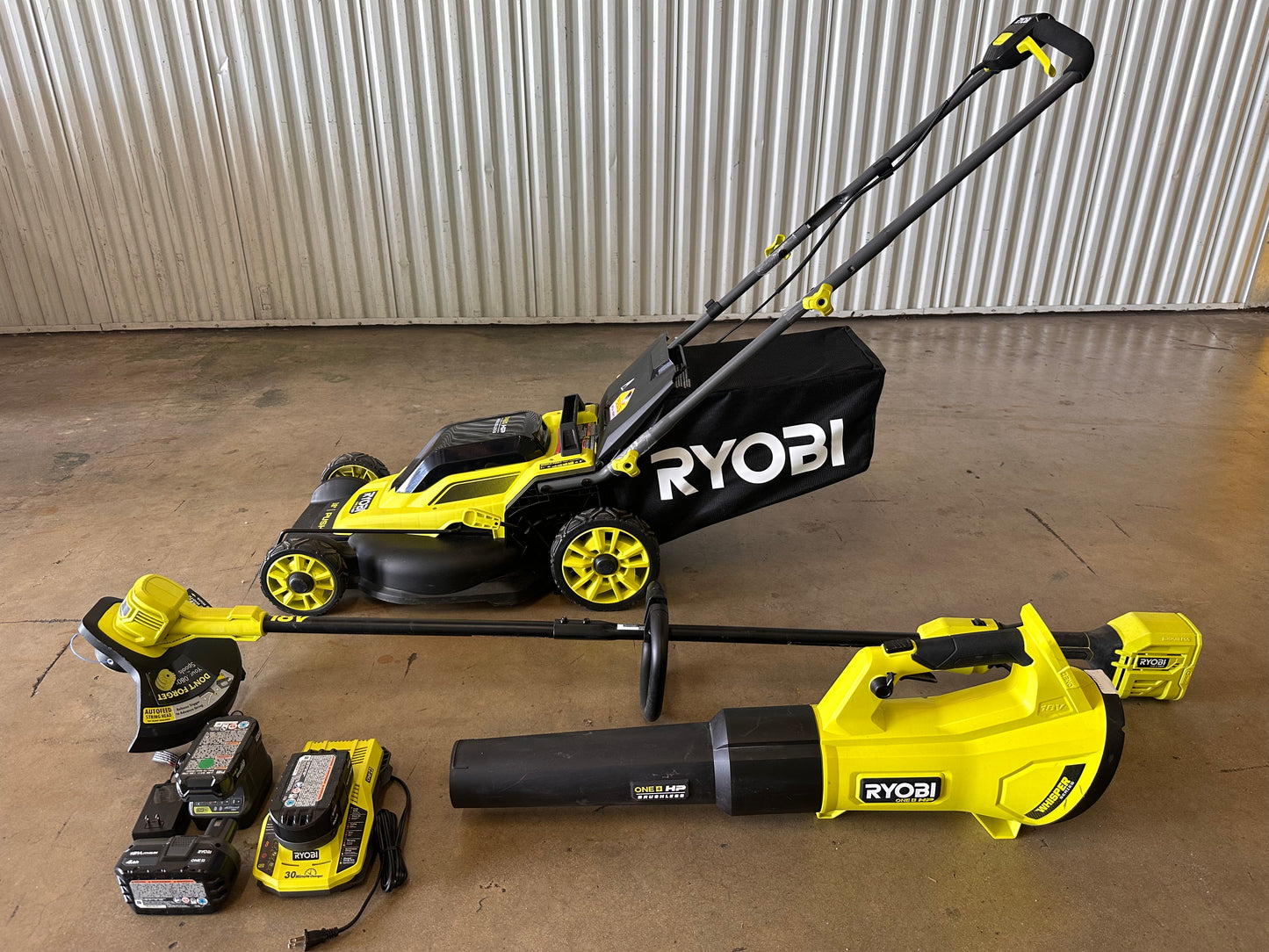 RYOBI ONE+ HP 18V Brushless Cordless Walk Behind Push Lawn Mower/Blower w/ (3) Batteries & (2) Chargers