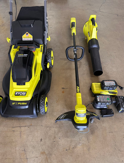 RYOBI ONE+ HP 18V Brushless Cordless Walk Behind Push Lawn Mower/Blower w/ (3) Batteries & (2) Chargers