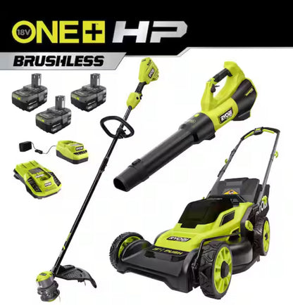 RYOBI ONE+ HP 18V Brushless Cordless Walk Behind Push Lawn Mower/Blower w/ (3) Batteries & (2) Chargers