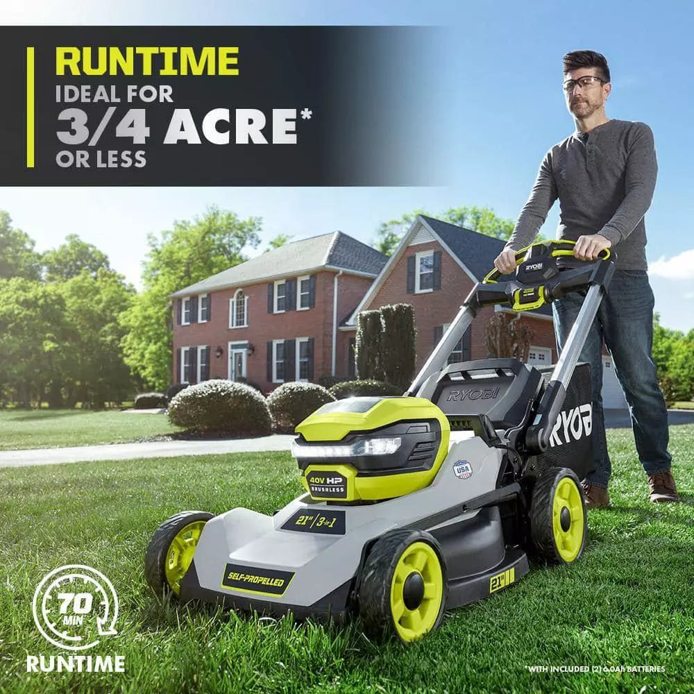 RYOBI 40V HP Brushless 21 in. Cordless Battery Walk Behind Multi-Blade Self-Propelled Mower - (2) 6.0 Ah Batteries & Charger