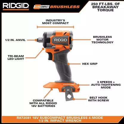 RIDGID 18V SubCompact Brushless Cordless 1/2 in. Impact Wrench Kit with 2.0 Ah Battery, Charger, and Bag