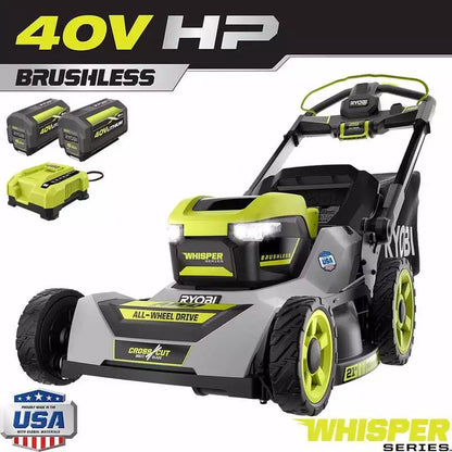 RYOBI 40V HP Brushless Whisper Series 21. in Walk Behind Self-Propelled All Wheel Drive Mower - (2) 6.0 Ah Batteries & Charger