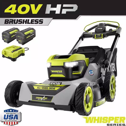 RYOBI 40V HP Brushless Whisper Series 21. in Walk Behind Self-Propelled All Wheel Drive Mower - (2) 6.0 Ah Batteries & Charger